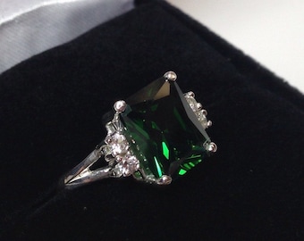 GORGEOUS 3.5ct Emerald Cut Emerald & White Sapphire Sterling Silver Ring Size 5 6 7 8 9 Lab Emerald Trending Jewelry Gifts May