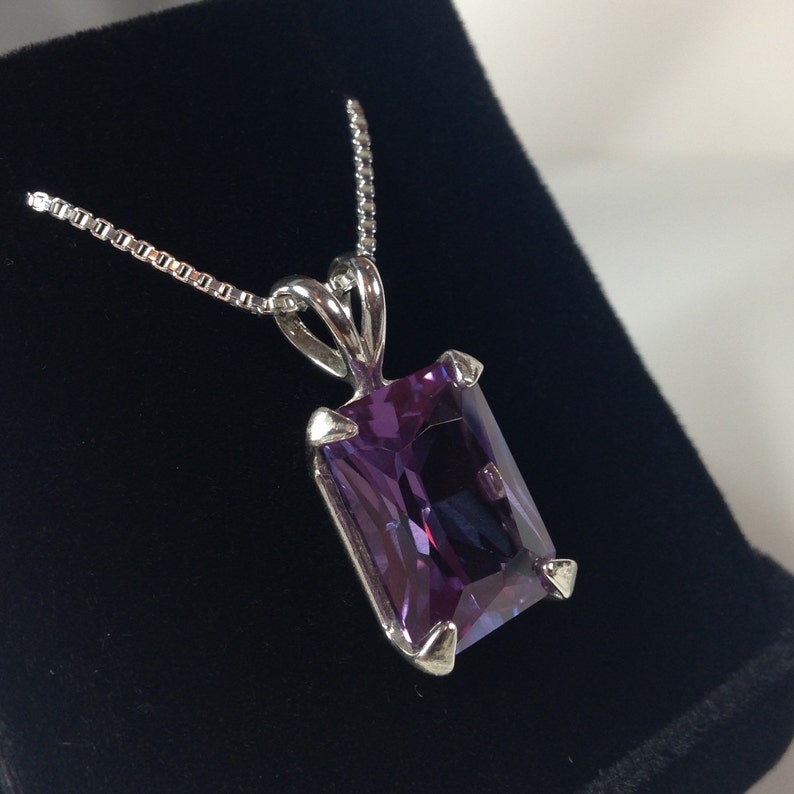 Gorgeous 13ct Emerald Cut Alexandrite Sterling Silver Solitaire Pendant Necklace Color Change Alexandrite Necklace large June Birthstone Gif