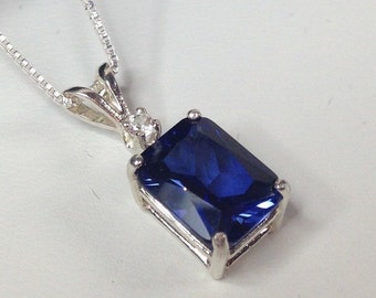Gorgeous 4ct Emerald Cut Sapphire Pendant Necklace Blue & White Sapphire Accents jewelry trends Mothers Gift Bridal September