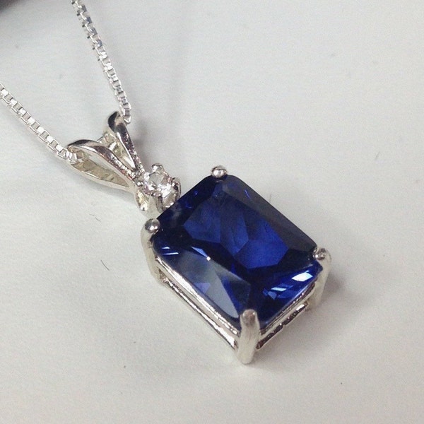 Gorgeous 4ct Emerald Cut Sapphire Pendant Necklace Blue & White Sapphire Accents jewelry trends Mothers Gift Bridal September