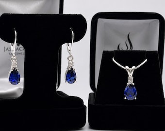 Pear Cut Blue Sapphire Jewelry Set, Sterling Silver Dangle Earrings Necklace