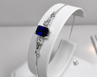 Emerald Cut Sapphire Bolo Bracelet, Sterling Silver, White Sapphire Accents