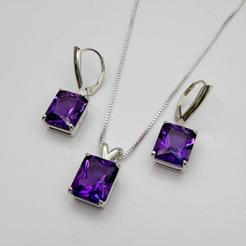16.5ctw Emerald Cut Amethyst Earrings & Pendant Necklace Set February Birthstone Jewelry Gift image 5