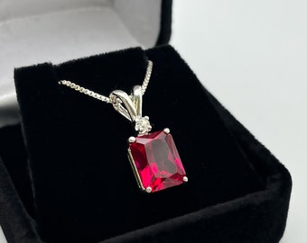 Beautiful Ruby & Sterling Silver Emerald Cut Pendant Necklace with White Sapphire accent Jewelry Trends and Trending Gemstones