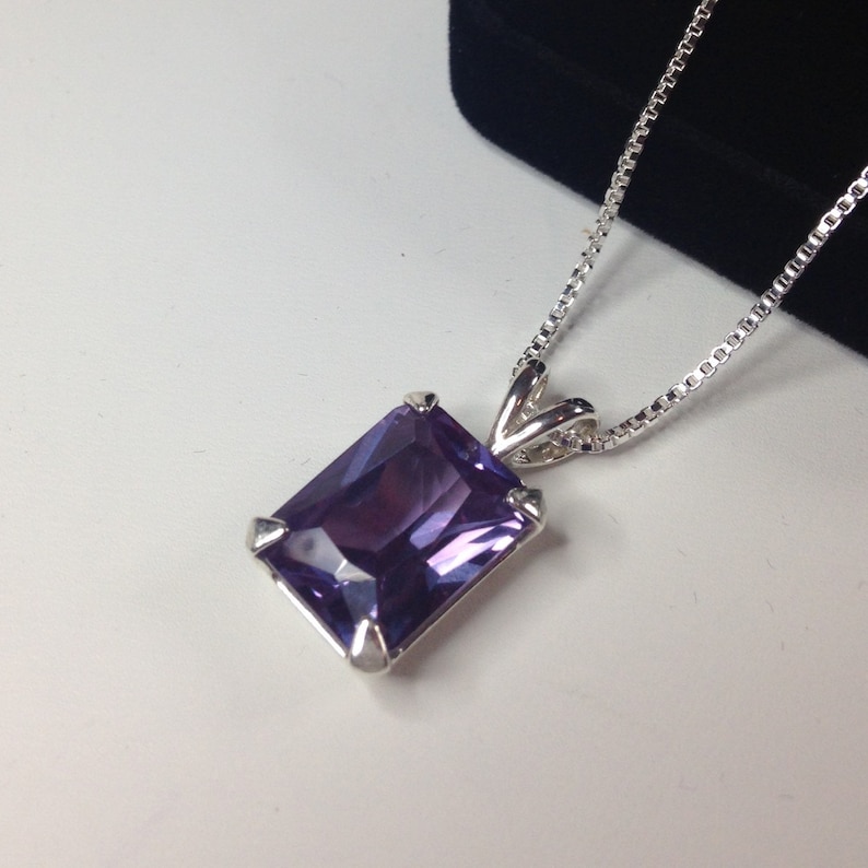 Gorgeous 13ct Emerald Cut Alexandrite Sterling Silver Solitaire Pendant Necklace Color Change Alexandrite Necklace large June Birthstone Gif