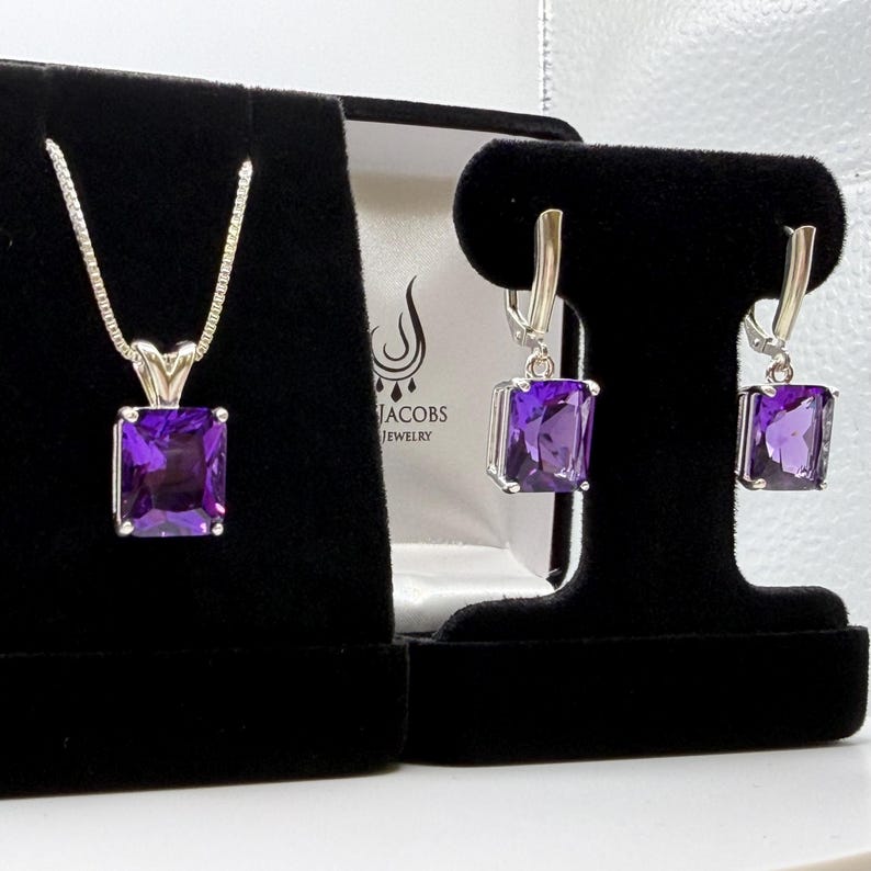 16.5ctw Emerald Cut Amethyst Earrings & Pendant Necklace Set February Birthstone Jewelry Gift image 4