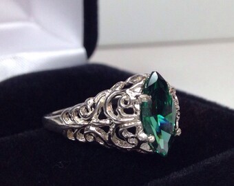 Beautiful Marquise Cut Emerald Ring Sterling Silver Size 6.5 Jewelry Trends and Trending Gemstones Floral Filigree Gift May Holiday Sister