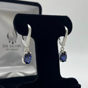 Beautiful White & Blue Sapphire Sterling Silver Earrings Pear Cut Blue Sapphire Leverback Dangle Earrings Trending Jewelry Gift Bride Fiancé