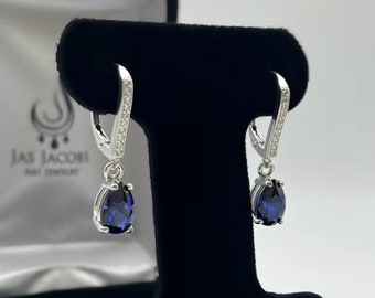Beautiful White & Blue Sapphire Sterling Silver Earrings Pear Cut Blue Sapphire Leverback Dangle Earrings Trending Jewelry Gift Bride Fiancé
