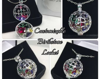 Custom Birthstone Locket with Caged Gemstones Mothers Day Birthstone FamilyGift Personalized Garnet Amethyst Pearl Sapphire Emerald Ruby Per