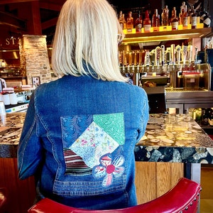 Boho Denim Flower Festival Handmade One-of-a-Kind Jacket UpCycle Quilted Sustainable eco-friendly recycled vintage ethical festival retro
