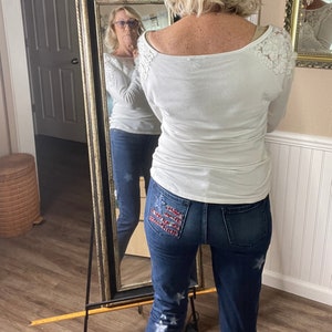 Up-cycled denim jeans, vintage, American flag, Patriotic, 4th of July, boyfriend, heirloom, embellished, applique, handmade, artisanal Boho