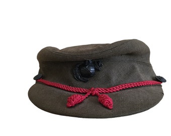 Vintage USMC Women's Wool Cap. WWII Military Visor Cap. United States Marine Corps Hat with Insignia Pin. Olive Green.