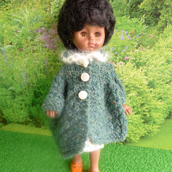 Vintage, HANDKNIT DOLL COAT with angora trim collar and optional dress for 7.5-8.5"/17-21cm dolls like  Skinny Ginny, Madame Alexanders