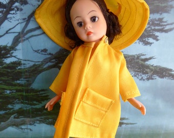 3 Piece VINTAGE RAIN SET for 9in/21cm dolls like Mme Alexander Portrette, Pepper and  Takara Licca Chan - yellow hat, coat and boots