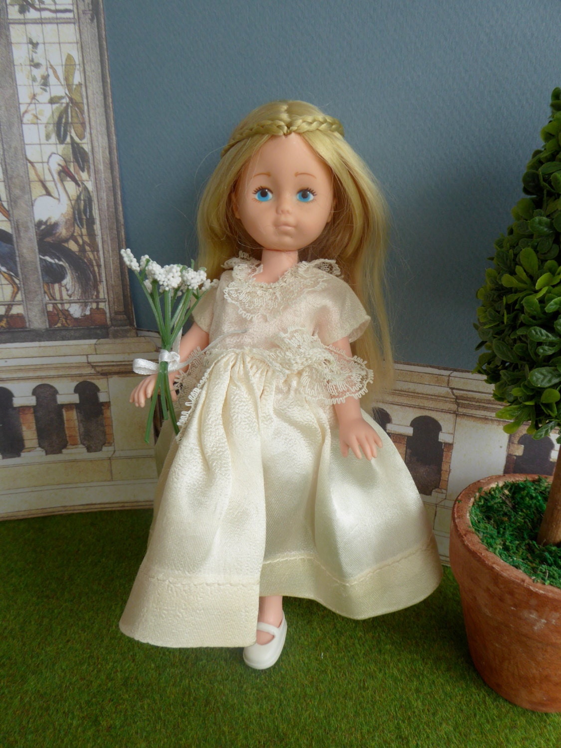 RESERVED  DOLL WEDDING Dress in silk satin for 8-9"/19-11cm dolls like Ginny, Middle Blythe, Lati Yellow, Licca Chan, Momoko,