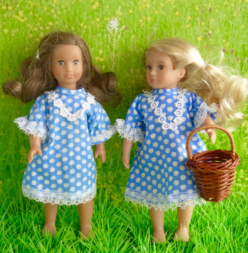 VINTAGE TWIN DOLL Dresses, lace-trimmed in ditsy print for 7in/16cm dolls like Garden Gals, Lori, Lottie, and Mini American Girl image 3