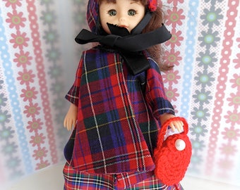 PLAID DOLL OUTFIT, Victorian style - Coat, Scarf, Skirt and Top for slender 8-9in/18-21cm dolls like Ginny, Licca Chan, Pepper, Portrette