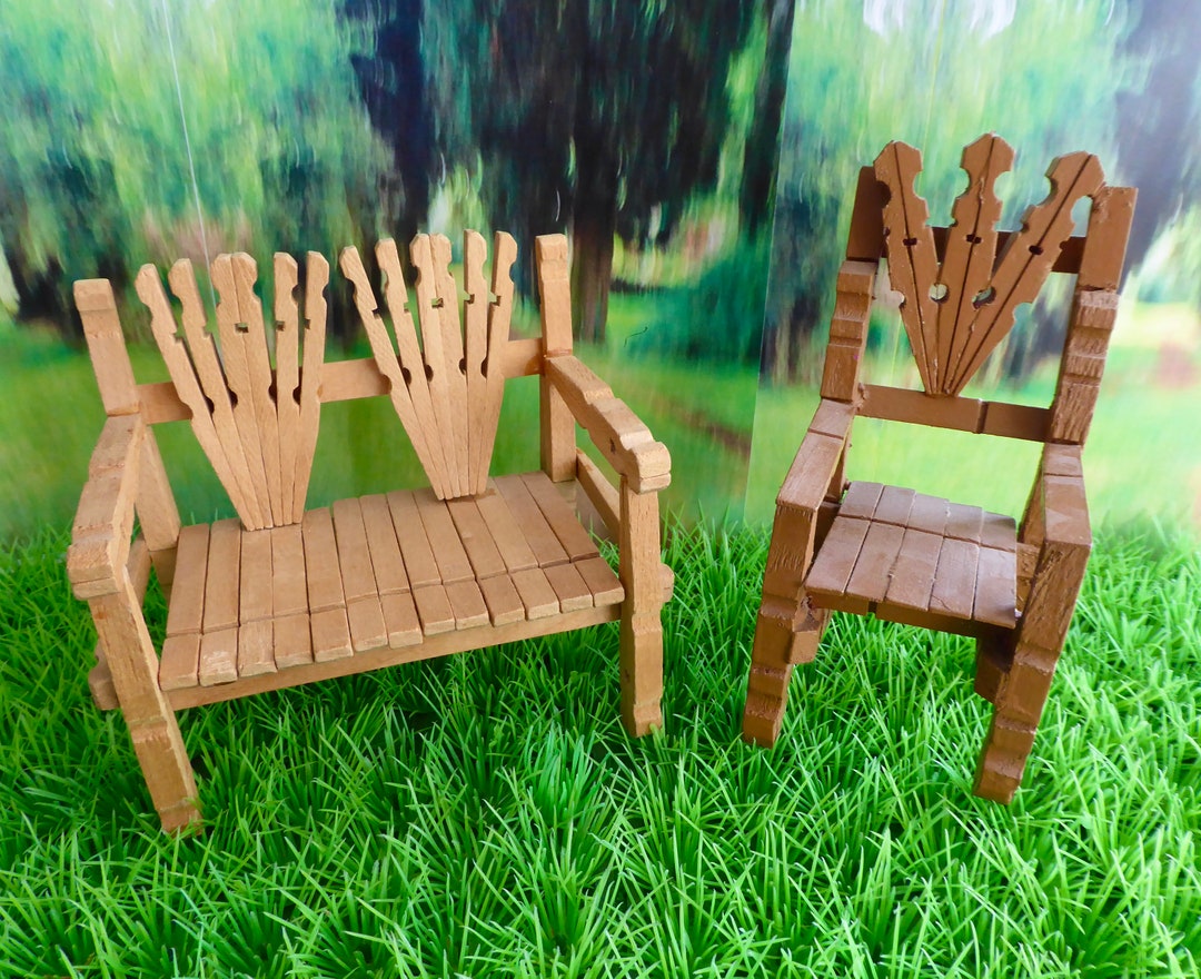 Vintage & Handmade DOLL GARDEN FURNITURE, Rustic Style Crafted From Clothespins for All 79in/16