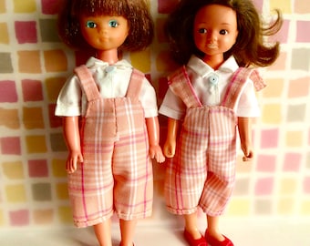 AMANDA JANE DUNGAREES in peach plaid for slender 7-8in/16-19cm dolls - Betsy McCall, Blue Box, Lottie, Mini American Girl, Miss Amanda Jane