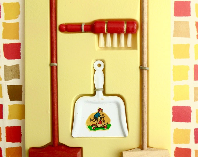 GERMAN DOLLHOUSE BROOM Set Two Brooms, One Dustpan With Charming Decal