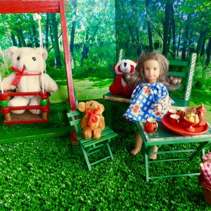 Teddy Bears' SWING SET GARDEN in woodland setting for all 6-9in/14-21cm dolls like Ginny, Lottie, Mini American Girl,