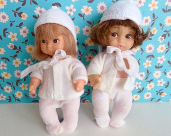 Super adorable BABY DOLL OUTFITS, in white knit, with tights, top and cap for 6in/15cm dolls like Amanda Jane Baby or Pedigree Baby Sarah