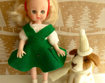 1950s FELT CHRISTMAS DRESS & sweater - 2 pieces for 7-8in/ 16-18cm dolls like Amanda Jane, Fishel, Lesney Ginny and Mini American Girl dolls