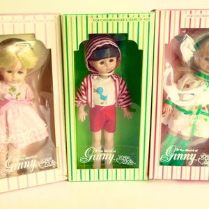 1978 VINTAGE GINNY DOLL, three lovely Lesney dolls, 8ion/19cm tall - one blonde and two brunettes, all in mint condition