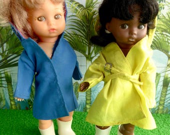 1970s AMANDA JANE COATS, tagged originals in yellow or blue, to fit 6-8in/14-19cm dolls like Amanda Jane, Fishel, Ginny, Mini American Girl