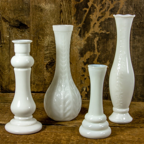 Set of 4 Assorted Milk Glass Vases