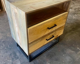 Rustic Barnwood Night Stand with Metal Base and Black Handles