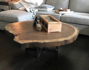 Live Edge Crosscut-Round Slab Coffee Table with Metal X shaped Base
