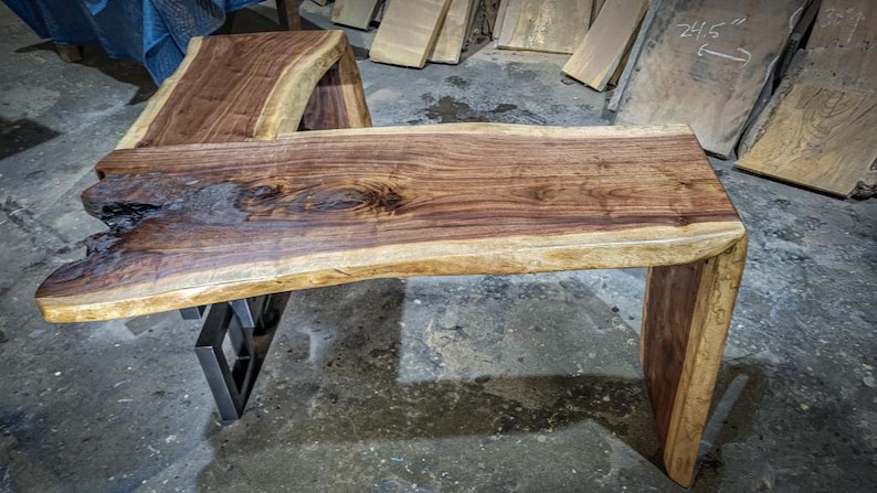 Black Walnut Live Edge L Desk with Mulit-square Leg and Waterfall legs, Desk, live edge, walnut, slab desk image 2