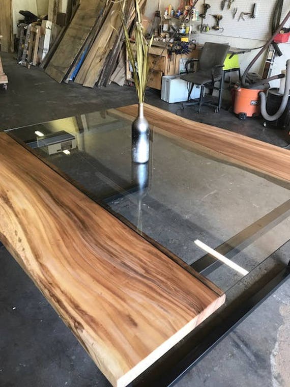 Live Edge Glass Inlay Slab Table the View With Metal Legs Etsy UK