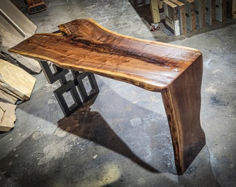 Live Edge Black Walnut Desk With Modern-Artistic Metal Table Leg, slab desk, waterfall table, desk, metal legs