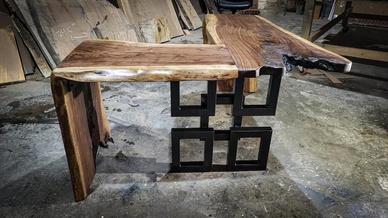 Black Walnut Live Edge L Desk with Mulit-square Leg and Waterfall legs, Desk, live edge, walnut, slab desk image 5