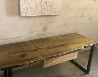 Live Edge Slab Desk with Metal Legs and a Hardwood Matching Drawer- "The Executive"