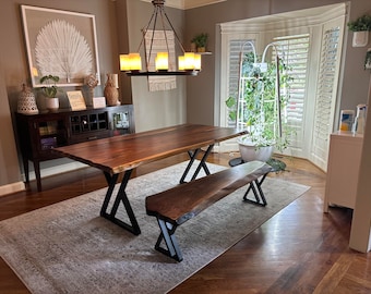 Live Edge Acacia Wood Table and Bench Set: Modern Black Metal Legs