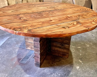 Wooden Circle-Shaped Dining Table - "The Rustic Round"- Reclaimed Wood With Industrial Wood/Metal Base