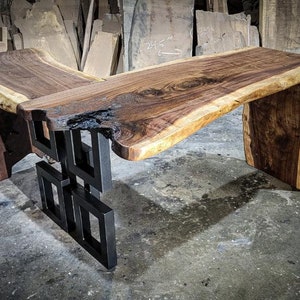 Black Walnut Live Edge L Desk with Mulit-square Leg and Waterfall legs, Desk, live edge, walnut, slab desk