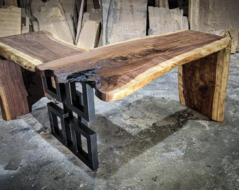 Black Walnut Live Edge L Desk with Mulit-square Leg and Waterfall legs, Desk, live edge, walnut, slab desk