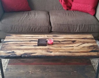 Coffee Table-  Rustic- Industrial Persimmon- w/Metal Base and Barn-Wood Shelving