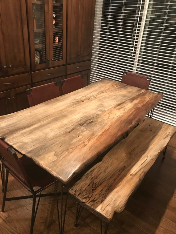 Highly Spalted Live Edge Slab Dining Table With Hairpin Legs Etsy