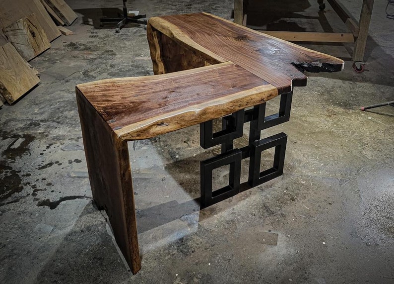 Black Walnut Live Edge L Desk with Mulit-square Leg and Waterfall legs, Desk, live edge, walnut, slab desk image 4