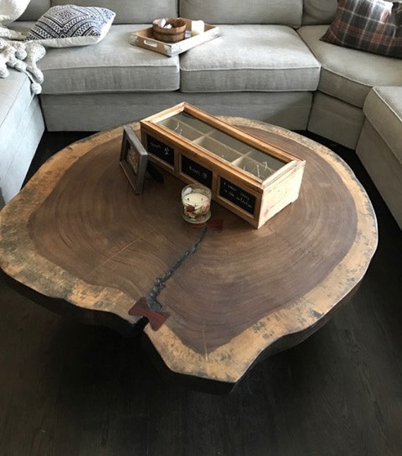 Live Edge Crosscut-round Slab Coffee Table With Metal X Live Edge Crosscut-round Slab Coffee Table With Metal X