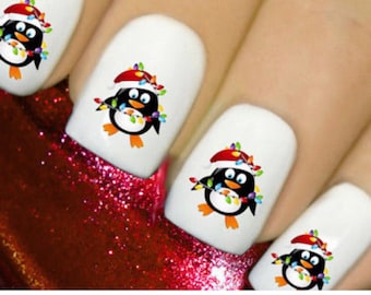 Christmas Nail Art vintage Style Penguins Fairy Lights Wraps Decals Y2025