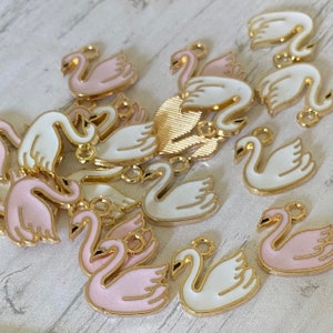 White & Pink Gold Enamel Swan Charms 1.4 x 1.4 cm Tibetan Charm for Jewellery Making Beads