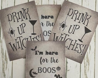 4 Halloween Wine Labels - Halloween Party Labels - Drink Up Witches Here for the Boos