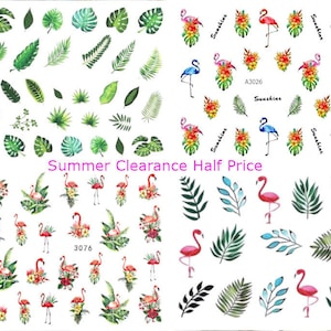 Nail Art Sale - Half Price - Summer Nail Art - Wraps Water Transfers - Flamingo Palm Trees Tropical Flowers Palms Nail Decals Nails